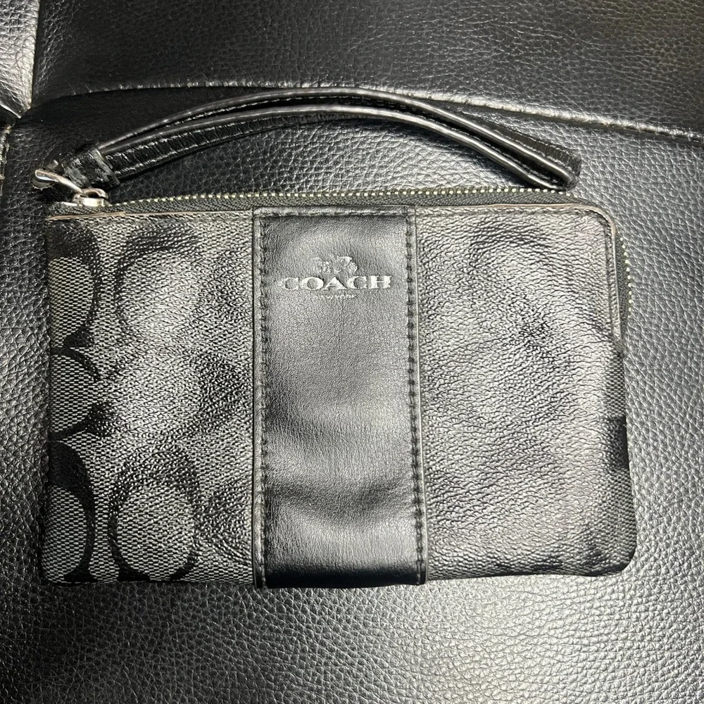 Coach Black Signature Monogram Leather Trim Wristlet Pouch Wallet